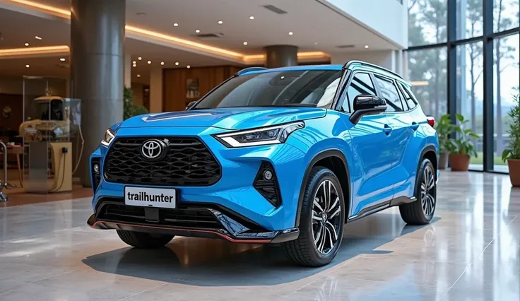 Realistic of futuristic 2025 toyota highlander, with modification, good looking, bright blue color, front side view, parked in luxury showroom and number plate reads trailhunter
The background features a contemporary showroom setting with polished floors a...