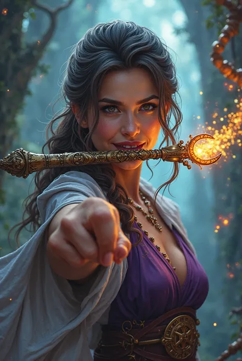 Generate a woman proudly smiling while biting an intricate magical wand firmly glued between her teeth 