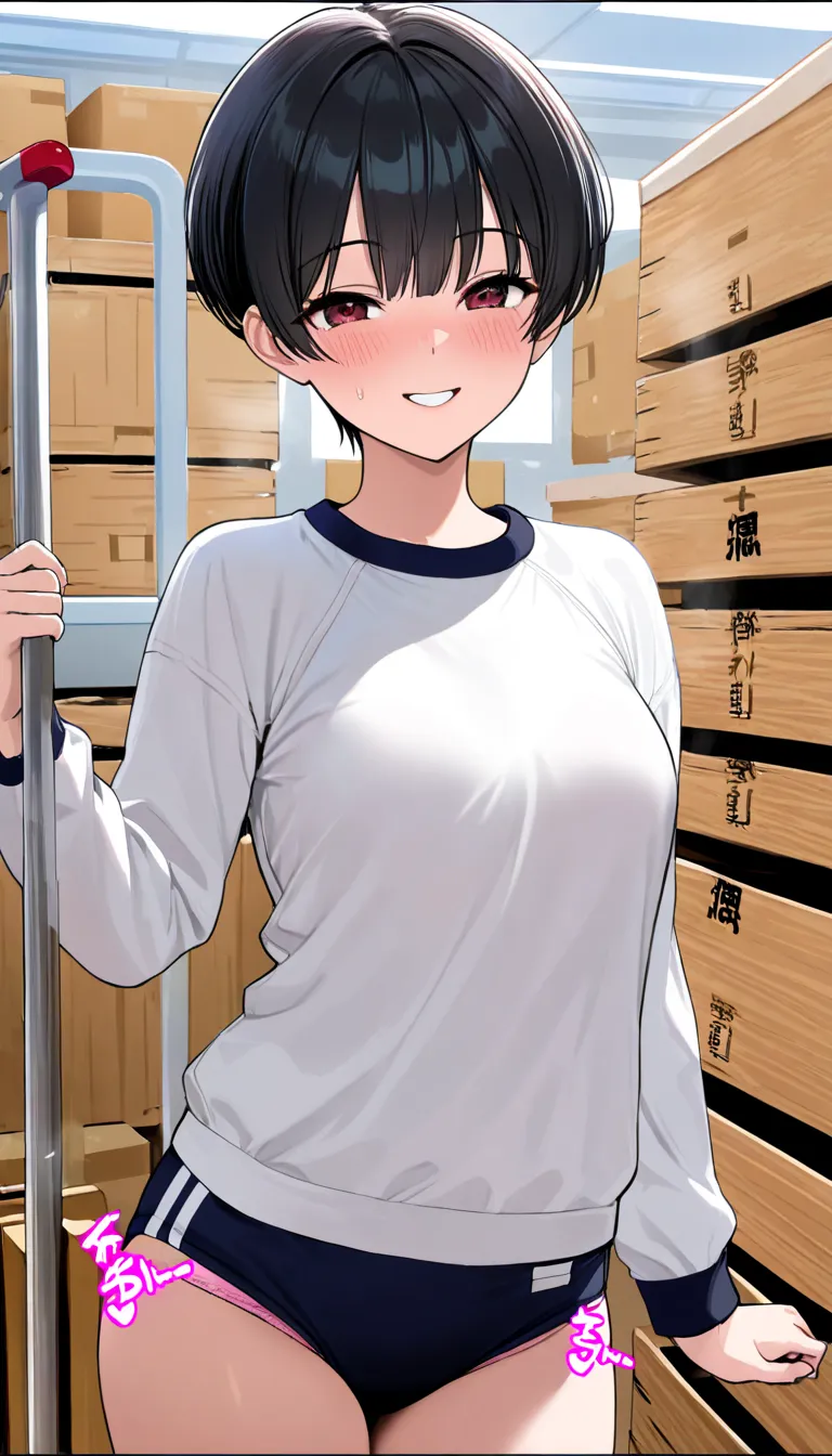 (beautiful girl : 1.3),1 girl,(White gym clothes, Long Sleeve,Shift the dark blue buruma,Pink panties stick out), black hair, very short hair,smile, is embarrassing,blush,storehouse, lines ,sound effect,masterpiece,TOP QUALITY,Ultra High Definition,rich co...