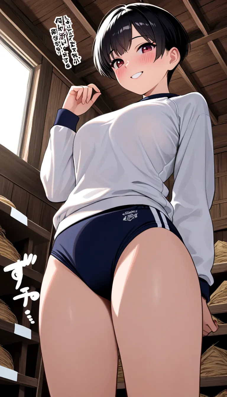 (beautiful girl : 1.3),1 girl,(White gym clothes, Long Sleeve,Shift the dark blue buruma,Underwear showing), black hair, very short hair,smile, is embarrassing,blush,storehouse, lines ,sound effect, taken from below,masterpiece,TOP QUALITY,Ultra High Defin...