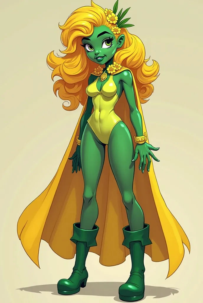 Make a sexy cartoon girl with green body suit with yellow flowers on the nipple and green plant on head with curly yellow hair with green boots and green lips make it full body dont make it extra sexy gave her a a yellow cape