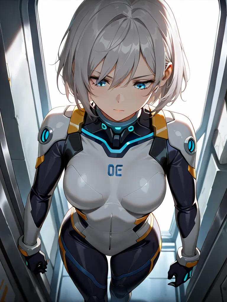 ((((  masterpiece)))), (((( top quality made of straw)))),  high definition,fine grain, detailed faces,1 girl,Gray Hair,short hair,mechanical,white,Perfect fit,pilot suit with gloves,Near future, blue eyes,serious eyes,walk,corridor, You can see the univer...