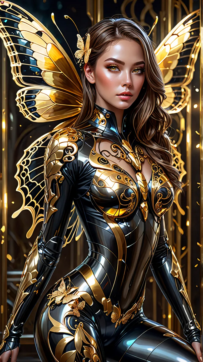 photo, 8k portrait of a beautiful cyborg with brown hair, intricate, elegant, highly detailed, majestic, digital photography, art by artgerm and ruan jia and greg rutkowski surreal painting filigree golden butterfly, broken glass, (masterpiece, side lighti...