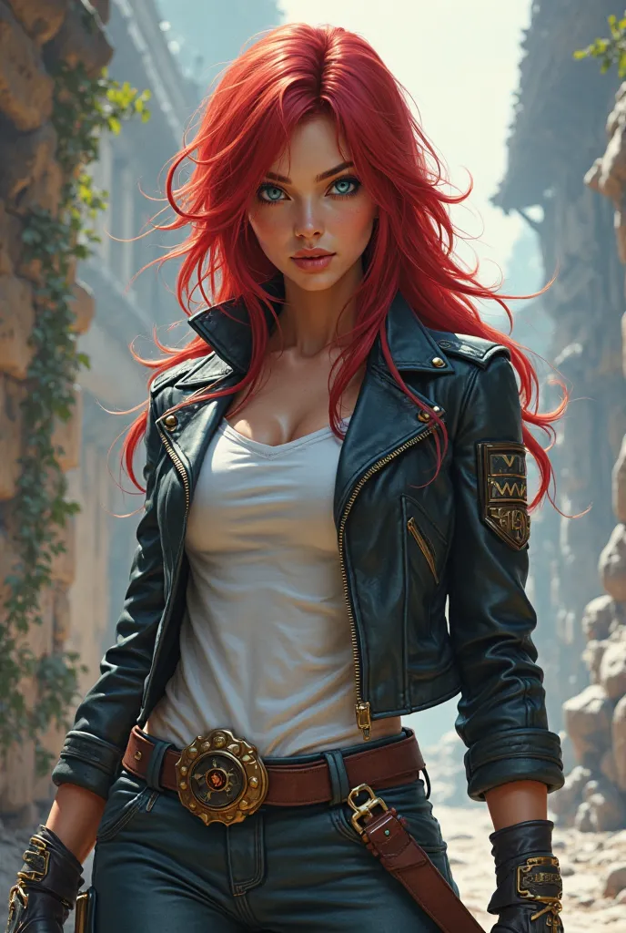  character from League of Legends. woman with red hair , light blue eyes, He wears a tight leather jacket and a tight white t-shirt and carries a sword 