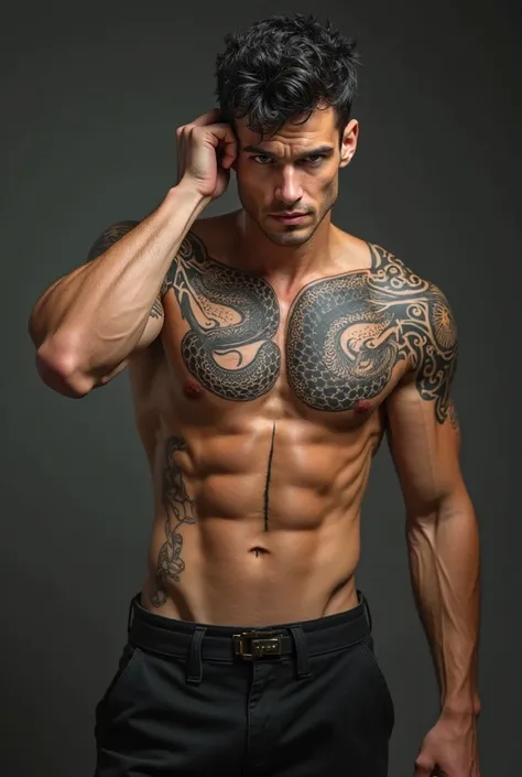 Photorealistic, full body image of a handsome, muscled shirtless man with ruffled jet black hair, sharp features and amber eyes. His chest is covered with tattoos of a serpent. The man runs his hand through his ruffled hair, showing his muscled arm and tau...