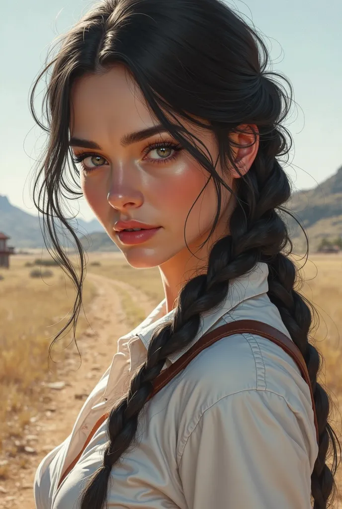 Adult european cowgirl, one braid, black Hair, light eyes, white shirt, light skin, digital art, realism, painting art