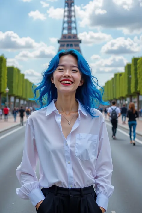 She is a beautiful 20-year-old Korean beauty.I have blue wavy hair, natural makeup, and red lipstick on my lips.I am expressing my joy with a bright smile.양쪽 손가락을 마주보게 하여 ♡모양을 만들고 있습니다.I'm wearing a white shirt and black tight pants.This is a French street...