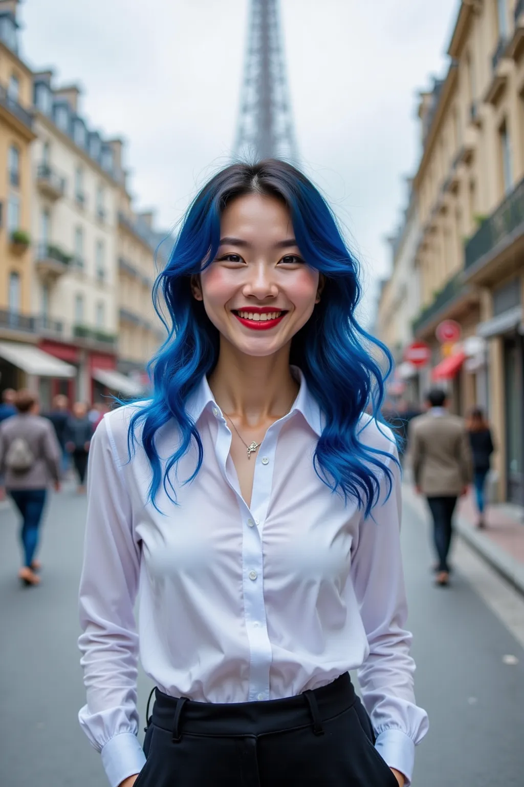 She is a beautiful 20-year-old Korean beauty.I have blue wavy hair, natural makeup, and red lipstick on my lips.I am expressing my joy with a bright smile.양쪽 손가락을 마주보게 하여 ♡모양을 만들고 있습니다.I'm wearing a white shirt and black tight pants.This is a French street...