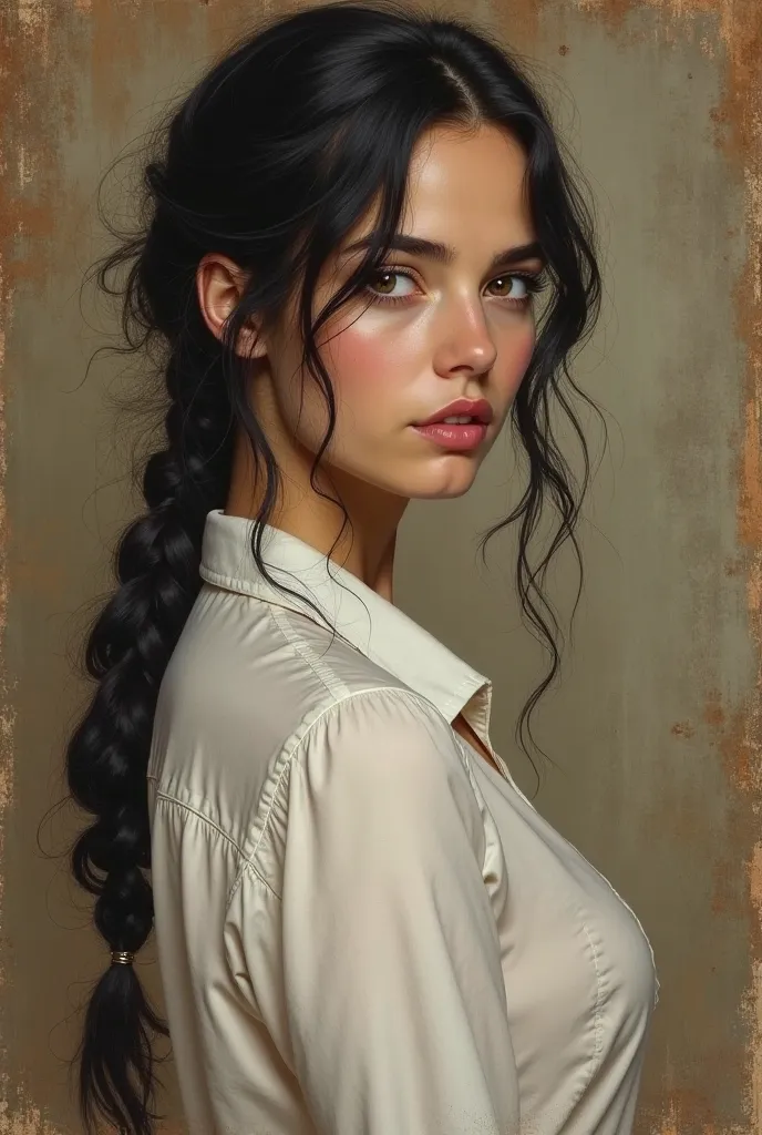 Beauty european cowgirl, one braid, black Hair, light eyes, white shirt, light skin,half body, oil painting art, side portrait, vintage art