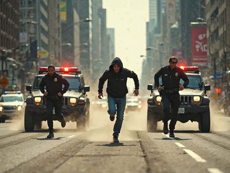 "A dramatic daytime chase scene in a bustling city. Two police cars (or jeeps) with flashing lights are in pursuit, positioned on either side of the street. Two determined police officers in full uniform are sprinting forward, closing in on a fleeing crimi...