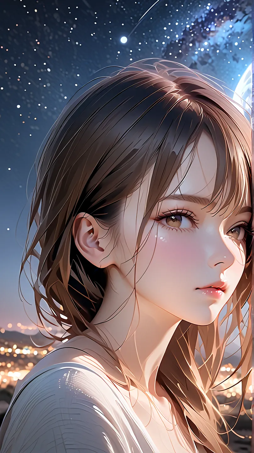 ((Masterpiece, best quality, highest quality, high resolution, photorealistic, raw photos, extremely detailed CG integrated 8k wallpaper)) Beautiful illustration, a beautiful woman under the stars in the night sky: the scene where the starlit face creates ...