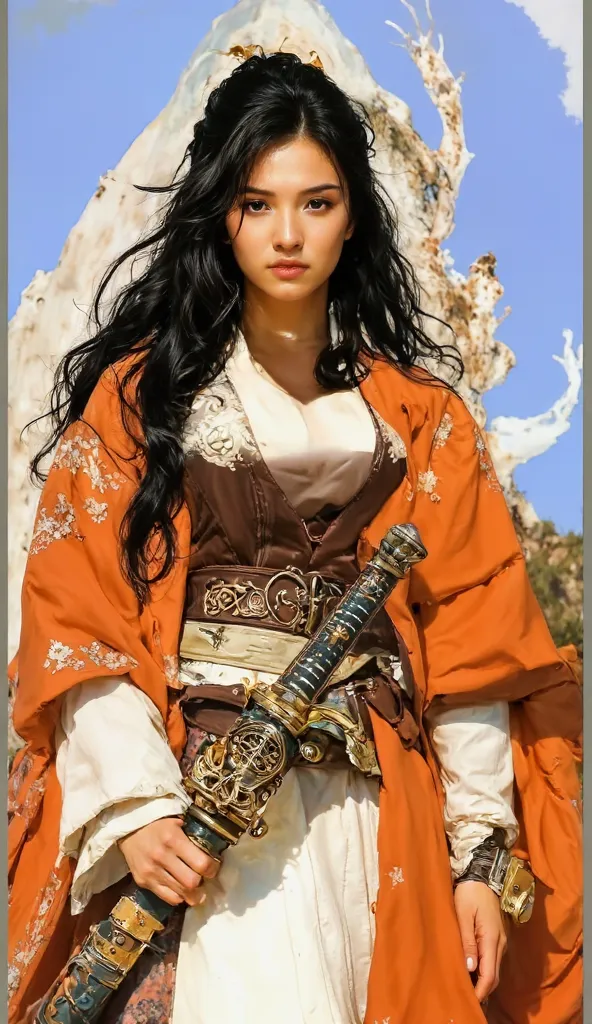 A beautiful caucasian woman, black ponytail hair, she is a sexiest samurai warrior, wears samurai kimono dress suit, carried a katana sword, huge boobs, extra large breast, an unusual landscape background