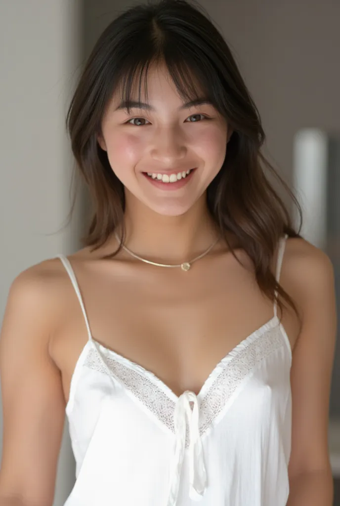    smile :2.0、 ( Ultra Precise Human Body Structure     ,   TOP QUALITY  、  RAW photo、8k、32K、 masterpiece、  realistic、 Photo realistic:1.37)、Cute Japanese women images、    tank top、      is being photographed in natural light、   upper body、  1 girl、Photo M...