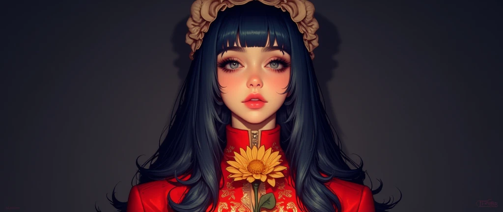 Beautiful woman in red jacket holding , single girl, solo, flower, bonnet, golden flower, rose, hair over one eye, looking at viewer, 3d, cute face, partially lit, GLSHS, dark blue hair, blue eyes,long_hair,