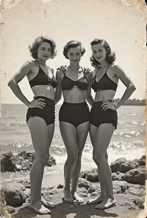 A very old photograph in black and white. The photo is badly damaged, with scratches, tears and flaws around the edges. It's a photograph of three women in the 50s. They're wearing bathing suits on a rocky beach. They are posing funny for the camera. Gener...