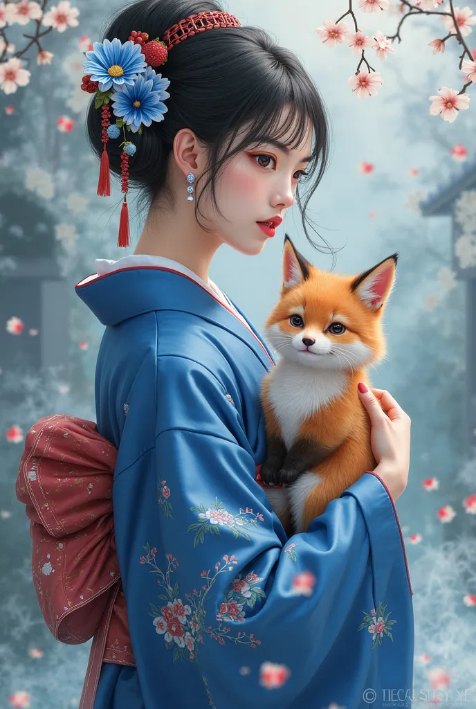 (semi-realism:1.2) beautiful japanese woman. Wear blue kimono, with a kitsune pet, Theme colors: blue