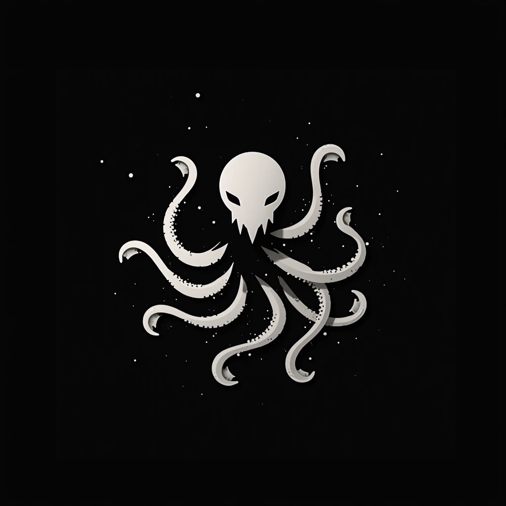 Bad Ass Minimalist Futuristic Brutalist logo of an octopus and the Eye of Horus mixed. White on Black 