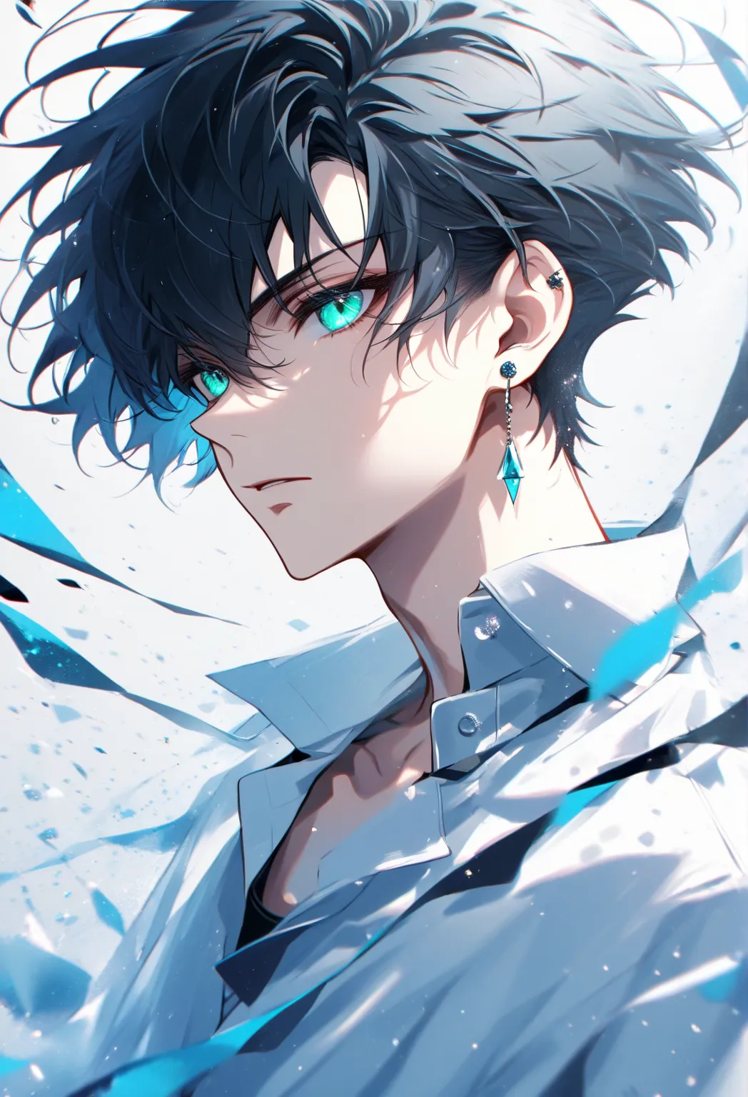 Solo, 1 boy, black hair, cyan eyes, white shirt, short hair, earrings 