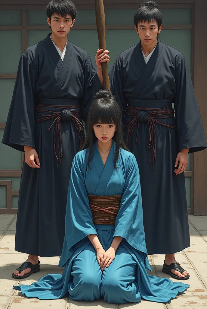 （realistic）woman in bright blue kimono、A female prisoner in a blue kimono is sitting outside。Female prisoner's hair is tied, Two men in black kimonos（Ding）standing behind the female prisoner holding a long wooden stick。 female prisoner's body and arms are ...