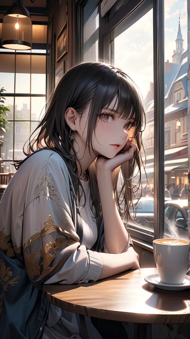 ((Masterpiece, best quality, highest quality, high resolution, photorealistic, raw photo, extremely detailed CG integrated 8k wallpaper)) Beautiful illustration, beautiful woman at the window in a cafe: Relaxed expression enjoying coffee surrounded by soft...