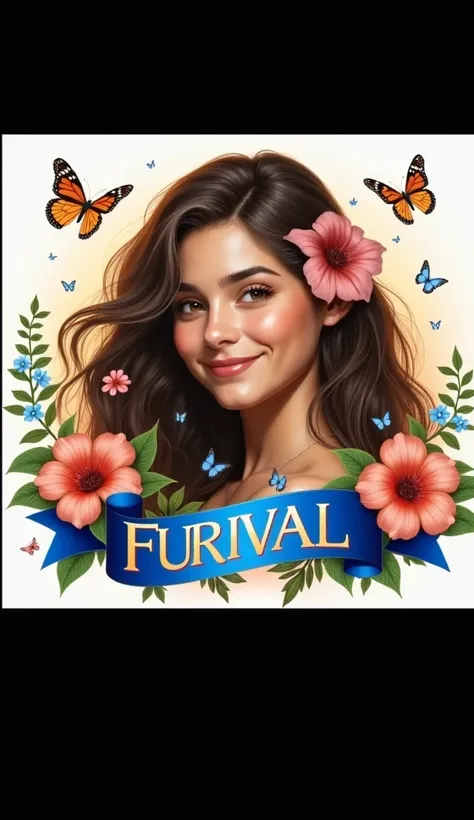 Smiling brunette girl with long wavy hair surrounded by blue flowers and butterflies. The background of the image is full of greenery.