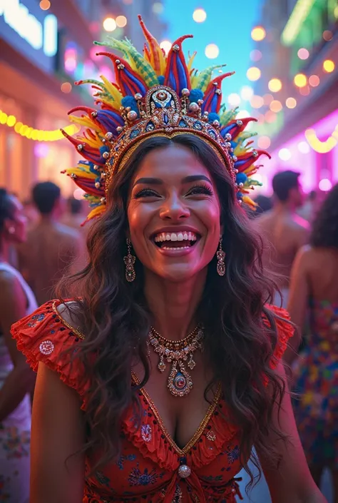 Make a happy guy who went to enjoy Carnival in Salvador from abroad wearing colorful canaval clothes at a very modern carnival party