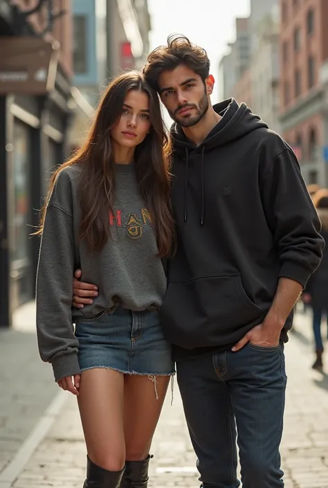 Woman, 21 years old, caucasian, brunette, college student wearing large pullover and hyper short miniskirt, in the street in frontal view with her boyfriend  