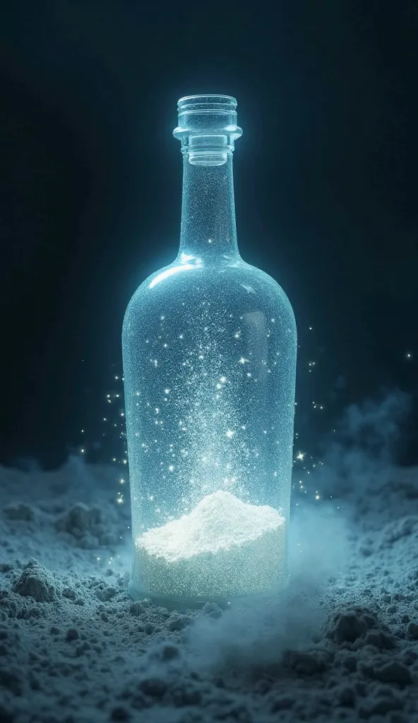 a one glowing glass bottle filled with mystical sparkling powder