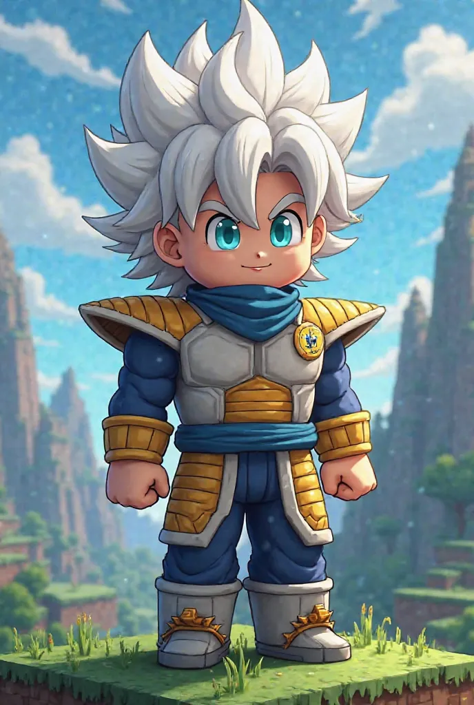 I want a logo for a character inspired by Dragon Ball Super from Kakarot. At the level of super instinct, his hair is white in the vast and beautiful world of Minecraft and the Minecraft logo will be in it 