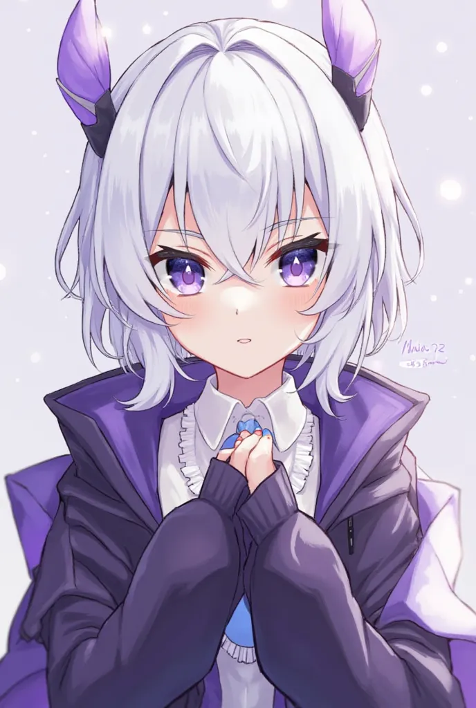 Short white hair with purple LONG tips, ALL eyes black with ,,X" blue pupils, smile, not ai look, best quality, uncensored, anime art, genshin impact artstyle, genshin impact character, cyro vision from genshin impact, sumeru character