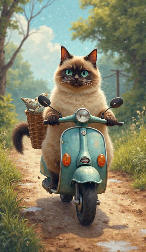 A plump Siamese cat. The cat must be riding a scooter carrying several fish in the scooter's nap . The setting must be a muddy road.