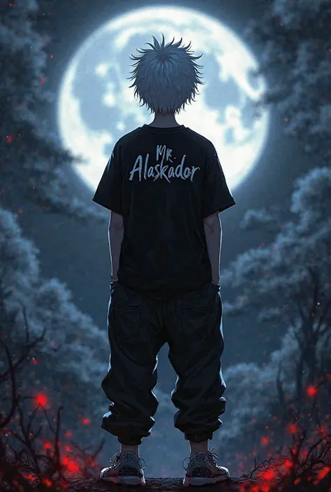 A dark malevolent young vampire with white spiky hair and red eyes, in a black t-shirt with clear solid cursive text "MR.ALASKADOR", baggy black pants and sneakers, gazing at a beatiful full moon with thought "I'M BORED" in a clear solid cursive text, and ...