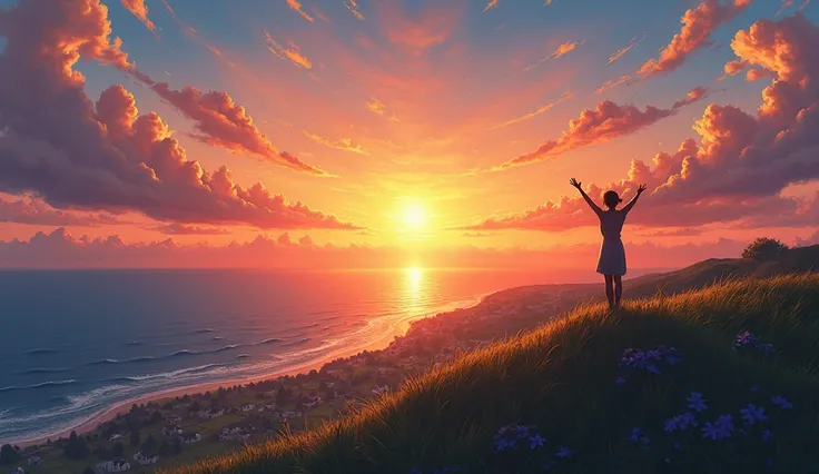 A breathtaking coastal sunset view, with the golden sun dipping below the horizon, casting a warm glow over the tranquil waves. A lone figure stands atop a grassy hill, silhouetted against the radiant sky, arms raised in an expression of freedom and joy. B...