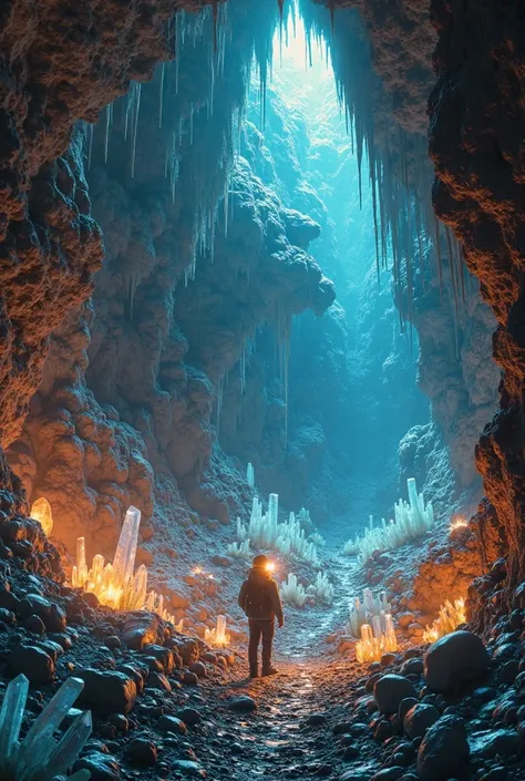 Crystal Cave: underground grotto sparkles with countless precious stones, their crystal shapes reflect the light of a lone explorer's headlamp. Зніміть landscapeний  Masterpiece  у форматі RAW, showing intricate cave wall textures,  bright colors  кристалі...