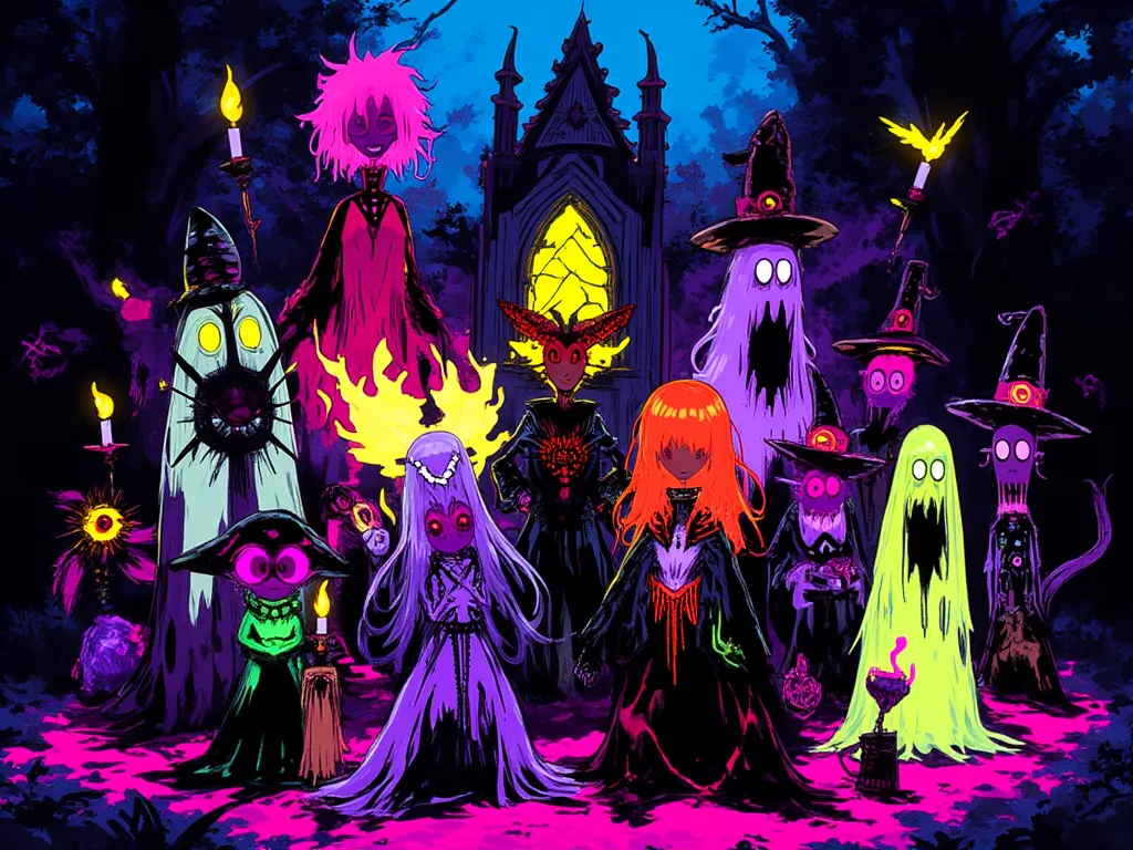 weird， is colorful,Halloween，Ghosts in various costumes，Made in gothic animation style 
