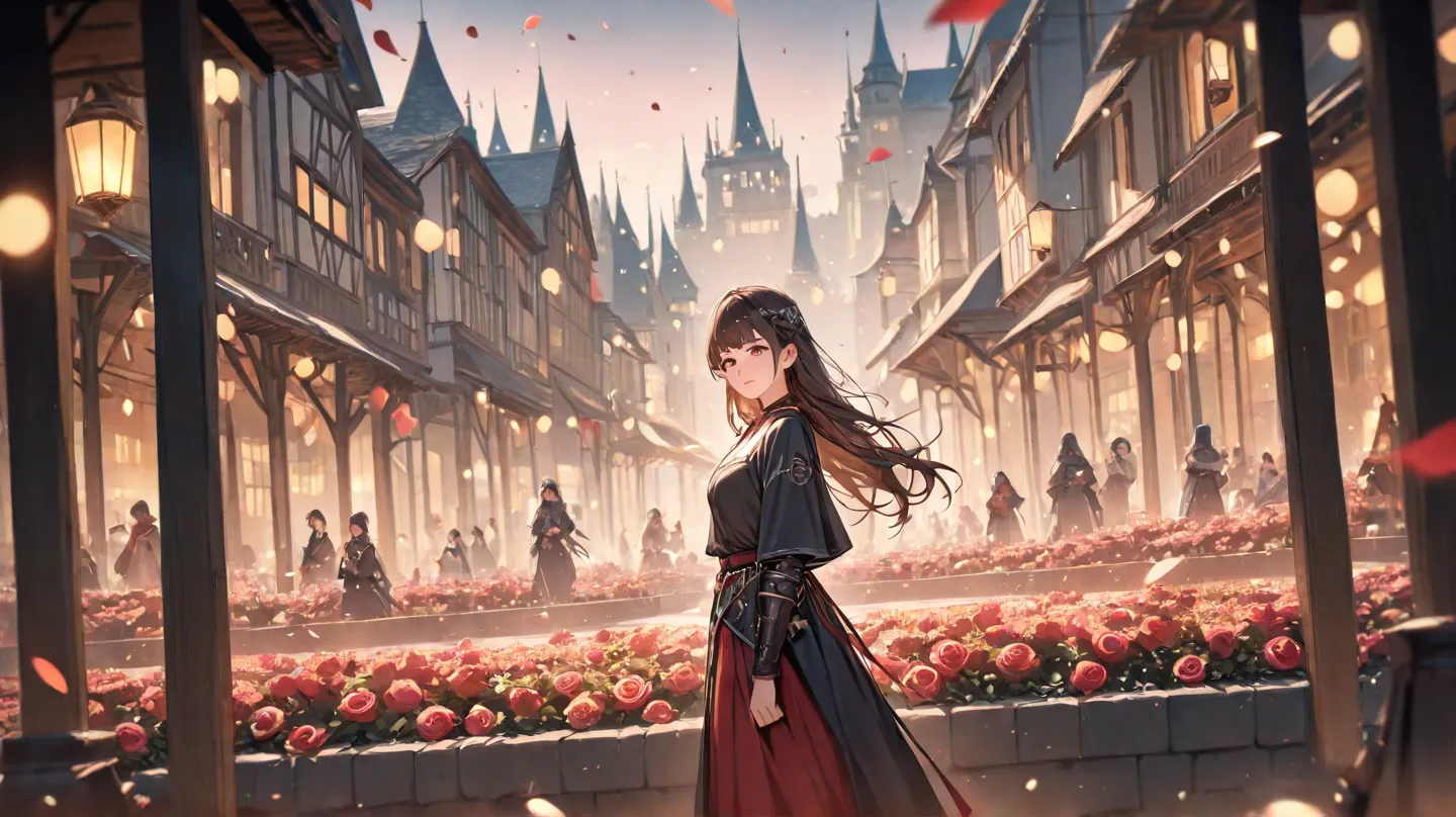  huge _very high resolution, high resolution,  masterpiece, recent, 1 female,  long hair, dark hair, assassin, prom mask , Side view,  light clothing,  blurry , Festive atmosphere, Well-integrated, Roses Falling from the Sky, Very large town square, Wide-a...