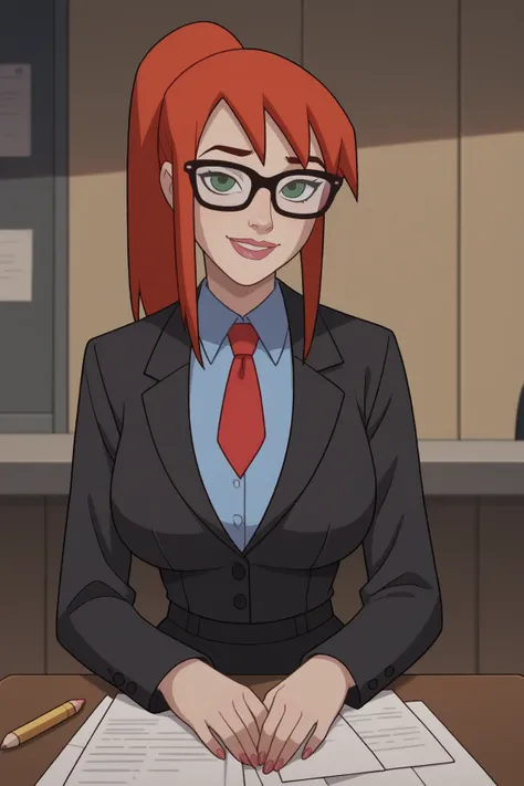 2D, source_cartoon, score_9, score_8_up, score_7_up, score_6_up, score_5_up, score_4_up, BREAK, 1 girl, Mary Jane, alone, Marvel, ponytail, smiling, blue shirt, shirt with long sleeves, suit, black suit, red tie, skirt, pencil, black skirt, extremely massi...