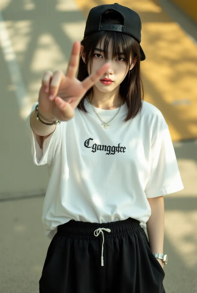 (hide face, no face) Aesthetic young asian guy, school, straight hair, side bangs, white skin, baggy white t-shirt, black baggy pants, posing nonchanlant, cool, (gangster print, backwards cap), face not seen, sunlight, warm filter, silver accessories, top ...