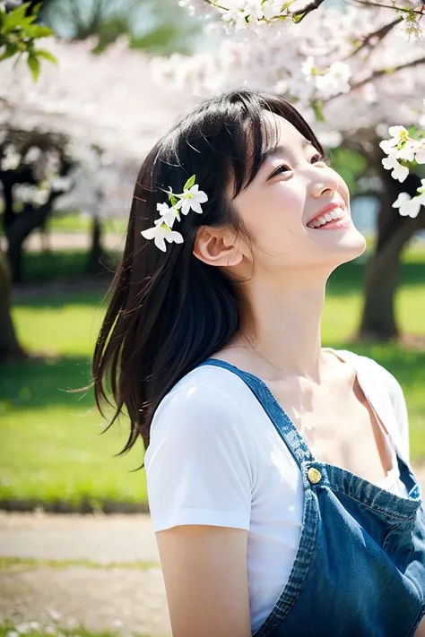 「A 35 year old cute Japanese woman。has dark hair up to her shoulders blowing in the wind、Has a captivating smile。She has small breasts、wearing a fitted white t-shirt and light blue denim、She is showing her skin slightly。At the spring park、She sits under ch...