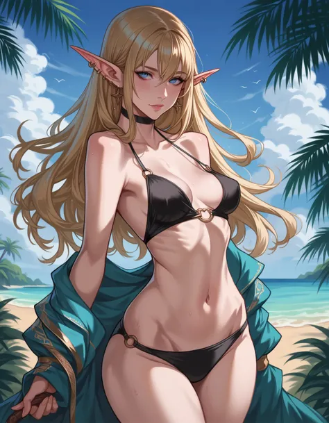 score_9, score_8_above, score_8, 1 , (small breasts),  medium hips,  medium thighs,  looking at the viewer,   long blond hair with bangs,  blue eyes,  Elf Ears, black bikini .