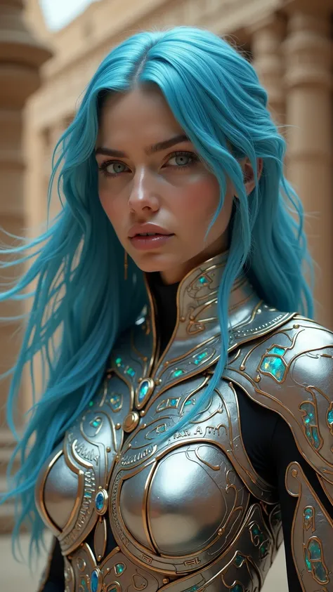 Close-up of a woman、Wear a costume、Has blue hair,  wears shiny breastplate , Light emitting light inside armor , Overwatch photorealistic graphics , Arab woman in black and white costume wearing sci-fi armor , Labradorite body armor , Light blue armor, And...