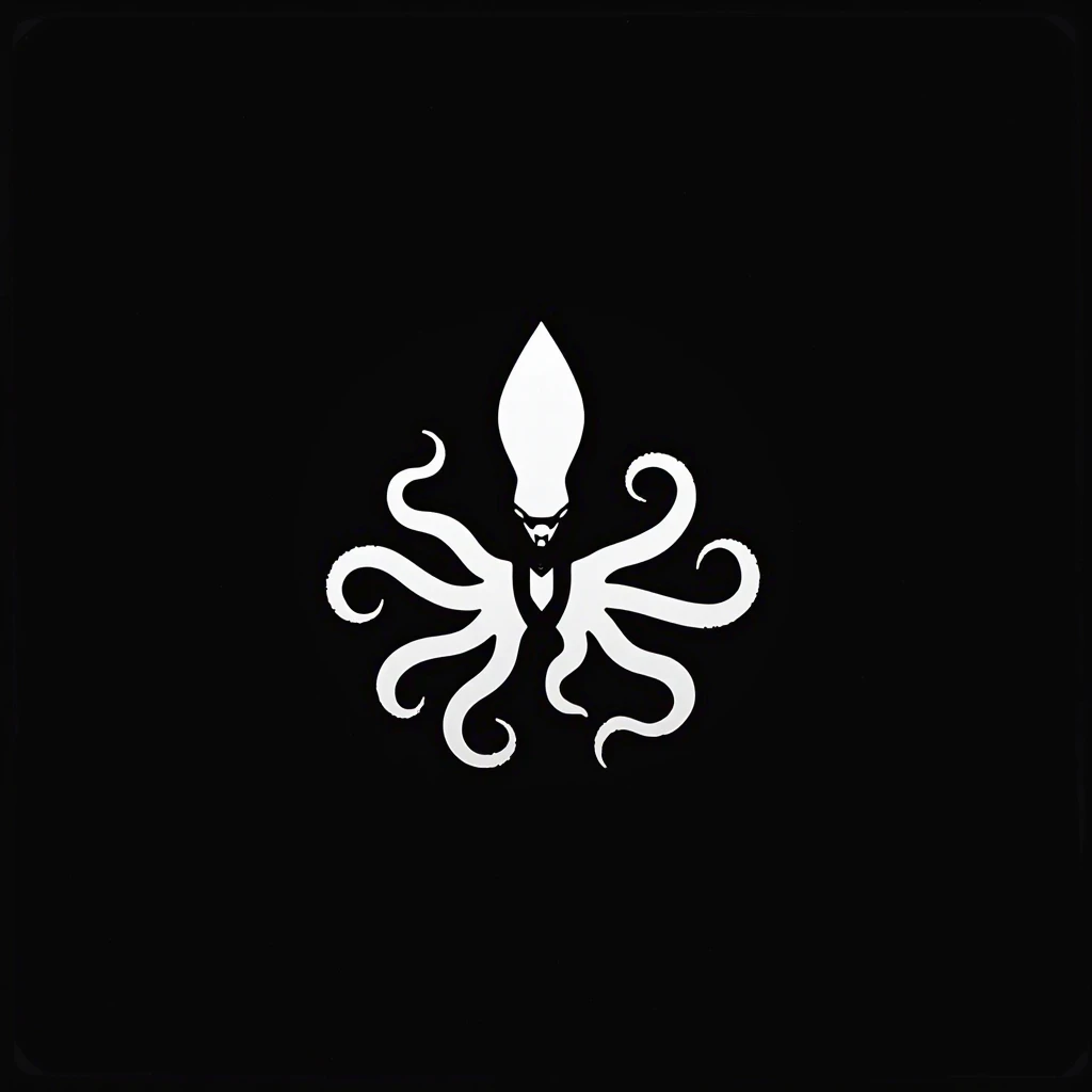 Bad Ass Minimalist Futuristic Brutalist logo of an octopus and the Eye of Horus mixed. White on Black 