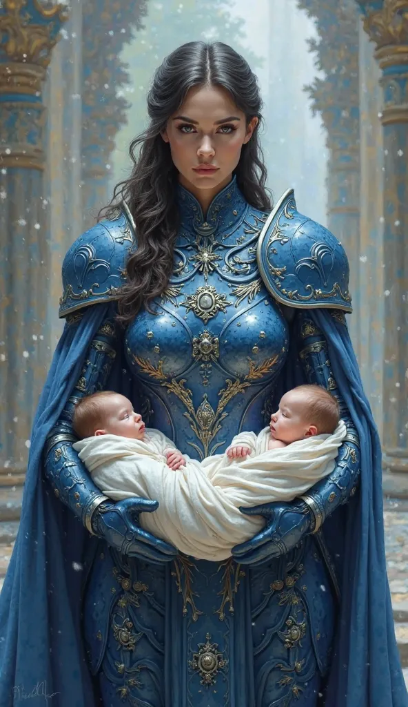 extremely majestic human women with a serious seed wearing blue armor and with babies in their lap