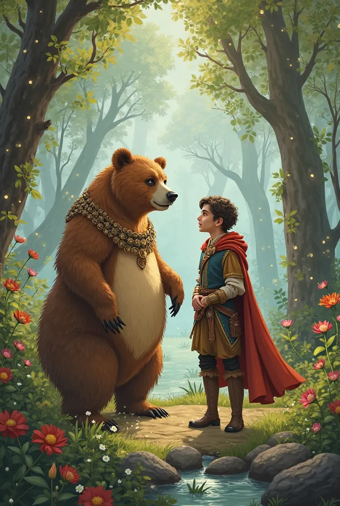 Generate me a bear and a man talking and being friends, ren's fairy tale