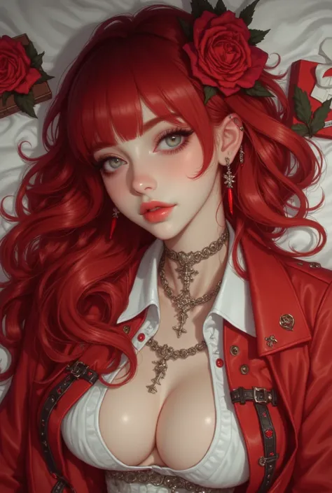 1girl, solo, long hair, looking at viewer, bangs, blue eyes, long sleeves, holding, jewelry, jacket, white shirt, upper body, flower, red hair, earrings, lying, parted lips, open clothes, teeth, hair flower, on back, nail polish, arm up, sweater, open jack...