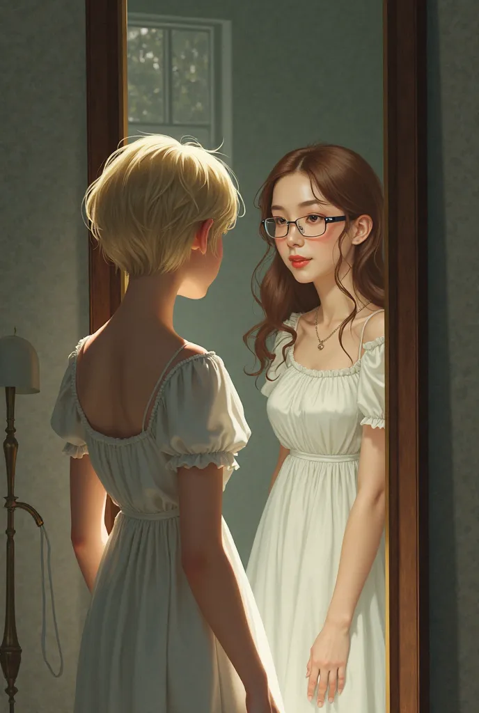 Woman with short blonde hair in a pixie style wearing glasses, dressed simply but tender, Turn your back to a mirror, Inside the mirror there is a  with long wavy brown hair, dressed in white ,  style in anime style