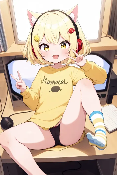 nyana,loli, mamabichos text on shirt, yellow shirt, cat girl, cat ears, blonde hair, big eyes, hair ornament, short hair, red headphones, solo,
pajamas, yellow and black striped legwear, feet focus, feet, single thighhigh,
 computer on desk, masterpiece ,(...