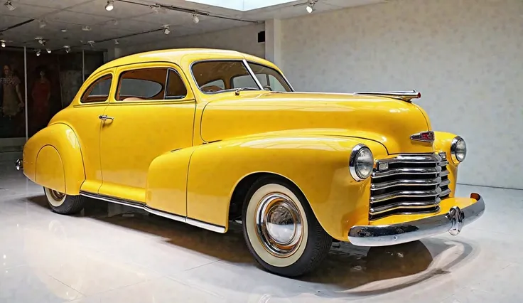 1947 Chevy sports car in  yellow colour standing in showroom The side View