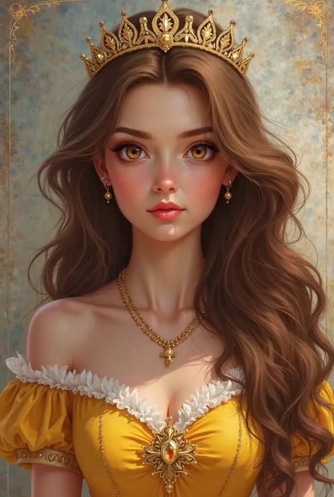 princess beautiful girl with long wavy chestnut brown hair with amber eyes wearing short yellow dress with tiara 