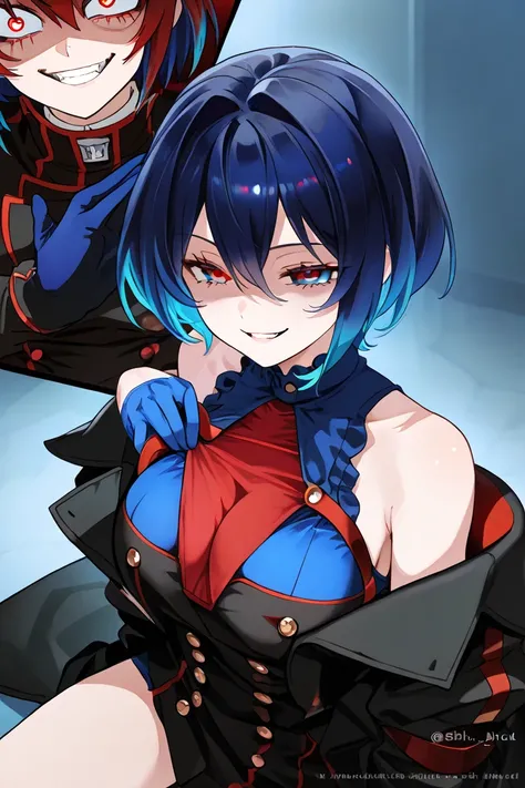  Medium-breasted girl,  blue hair, multicolored hair, detailed eyes, happy expression blouse,  evil smile, blue blouse with buttons,  blouse open between the breasts , black coat, Bare shoulders, blue glove, red-eyed uniform,  short hair, Slap Black Eye